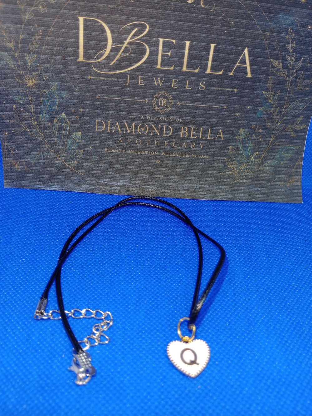 Gold Heart 'Q' Pendant on Black Cord Necklace
